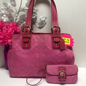 COACH Signature Large Pink Carryall Purse+Wristlet